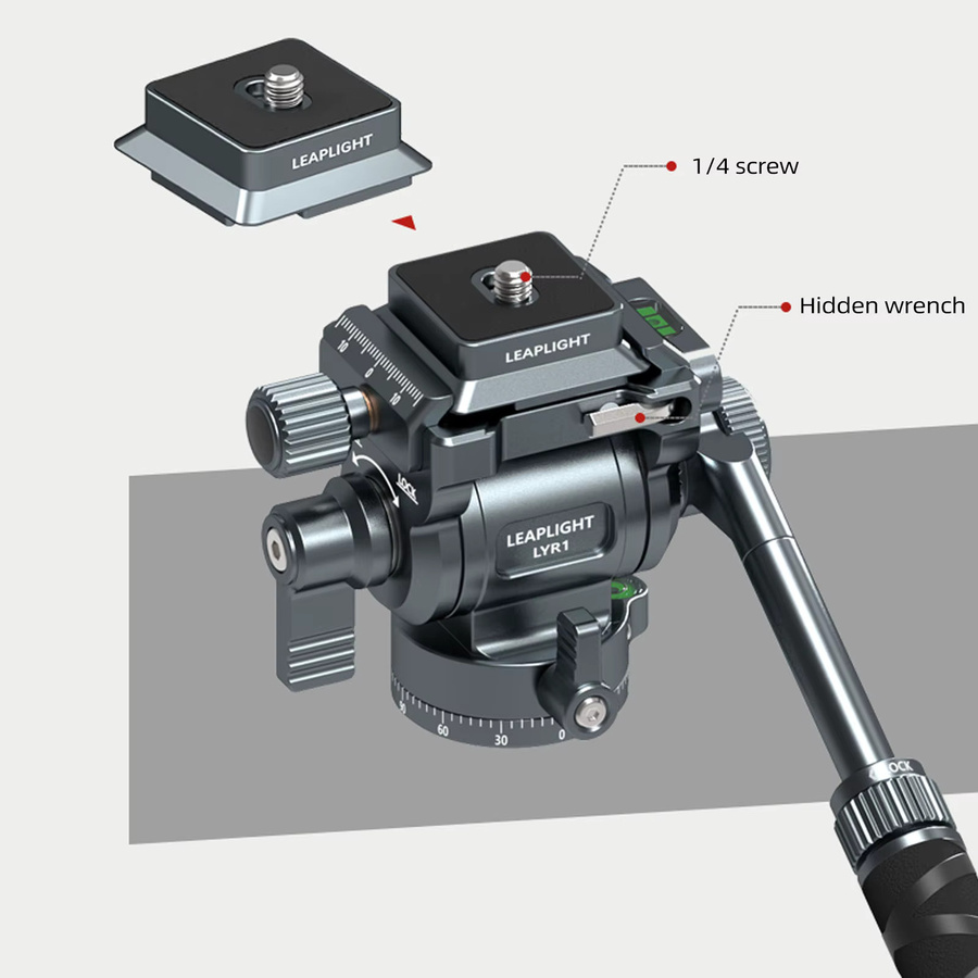 Leaplight Hydraulischer Kugelkopf mit doppeltem Panorama, multifunktionaler Stativkopf in Schwarz mit Griff und Schnellwechselplatte für Kamera und Handy - Bild 3