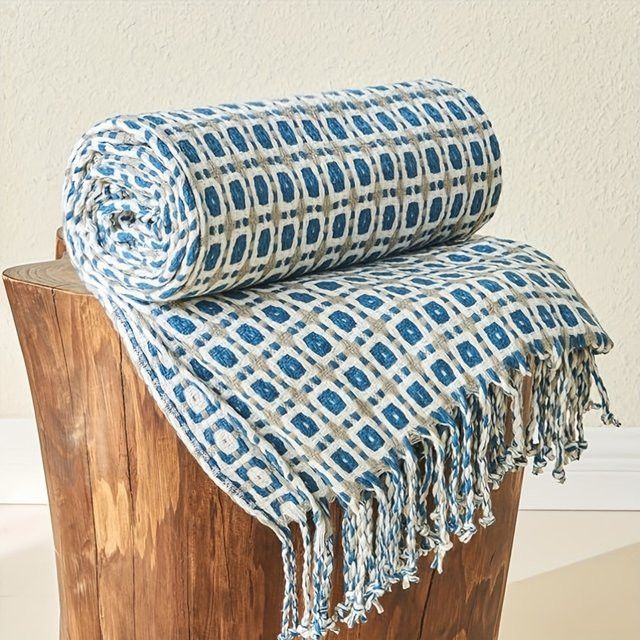 Inyahome Strickdecke im Vintage-Design mit Quasten in Diamond Morandi Blue - Bild 1