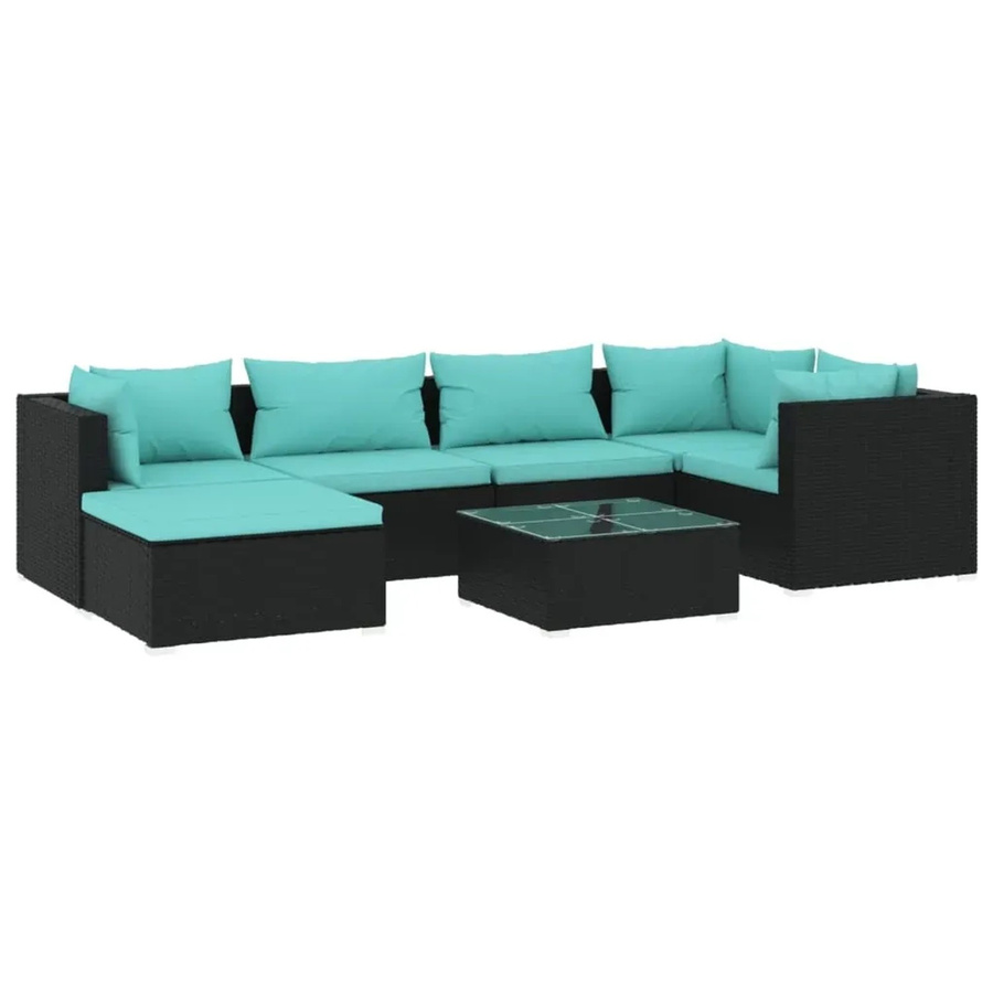 vidaXL 7-tlg Garten-Lounge-Set in L-Form aus Poly Rattan mit blauen Kissen und pulverbeschichtetem Stahlgestell in Schwarz - Bild 2