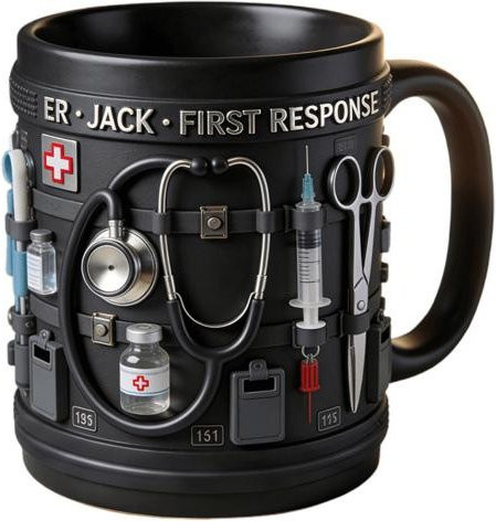 Personalisierte Keramiktasse mit medizinischem Thema ER Jack Ersthelfer in Schwarz und Grau für Ärzte und Krankenschwestern - Bild 1