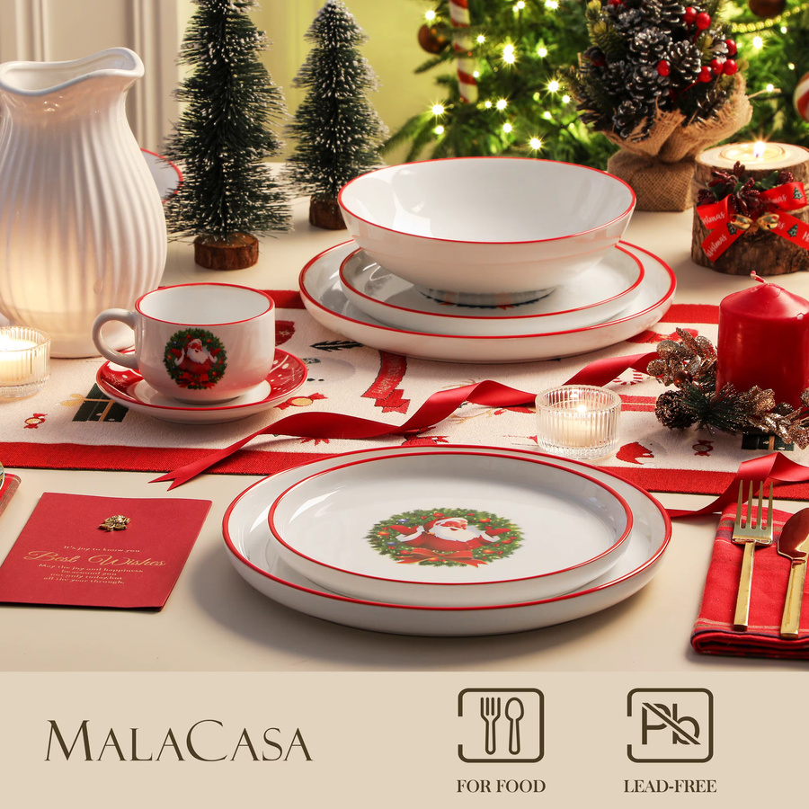 Malacasa Keramik Geschirr Set Weihnachtsbaum Design in Weiß, 30-teiliges Kombi-Service mit Tellern, Schüsseln und Bechern - Bild 2