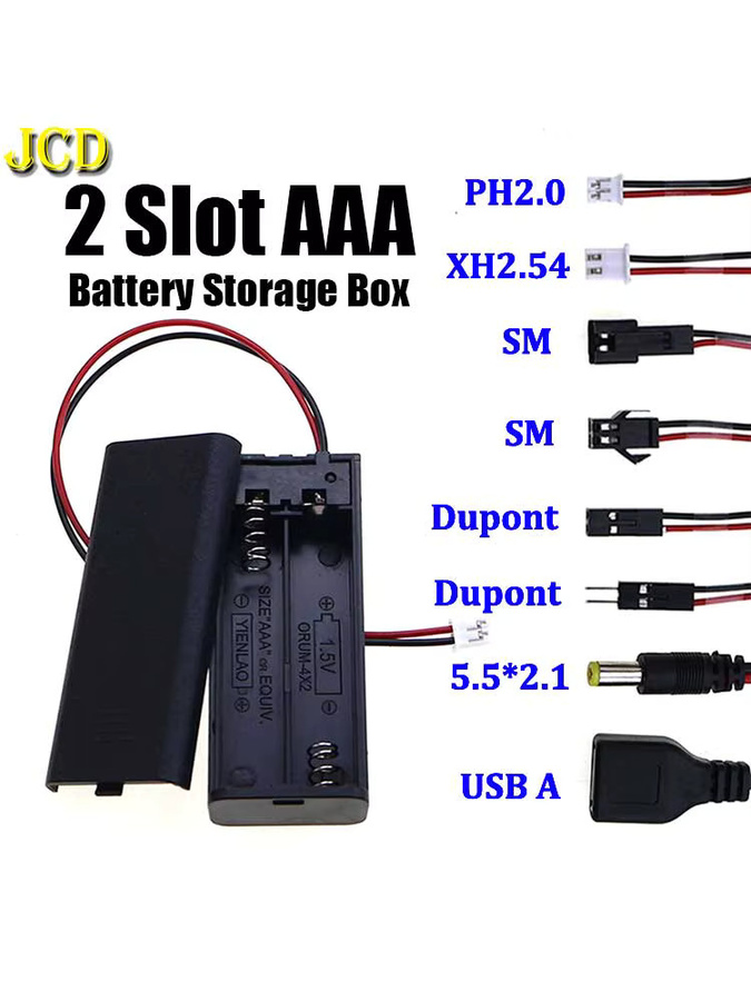 JCD 2-Slot AAA-Batteriehalter in Schwarz mit PH2.0 XH2.54 Dupont SM Steckern und Schalter - Bild 4