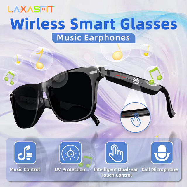 LAXASFIT Smart Musik Sonnenbrille mit Kamera und Bluetooth Kopfhörer für Damen und Herren in Schwarz und Transparent - Bild 1