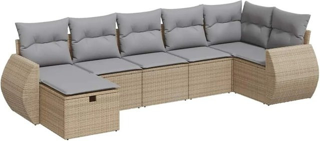 vidaXL 7-tlg. Garten-Sofagarnitur aus Poly-Rattan in L-Form mit Kissen und Ottoman, Beige - Bild 1
