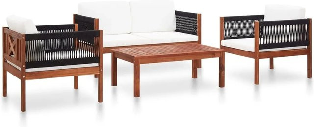 vidaXL 4-tlg Garten-Lounge-Set Modell 4 aus Akazien-Massivholz mit Seildesign in Schwarz und Braun - Bild 1