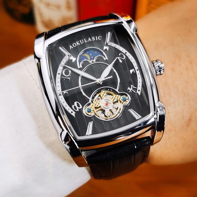 AOKULASIC Armbanduhr, Automatik, Skeleton, Leder, Herren, Schwarz, Silber - Bild 1