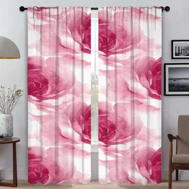 Blumen Vorhänge aus Tüll für Wohnzimmer und Schlafzimmer, 2er Set, Farbe: Pink, Breite: 50 cm, Höhe: 70 cm - Bild 1