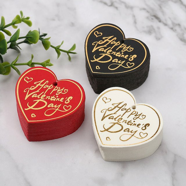 100 Stück Valentinstags-Geschenkanhänger in Herzform mit Happy Valentines Schriftzug, Gold und Weiß, Papieranhänger zum Geschenkverpacken - Bild 1