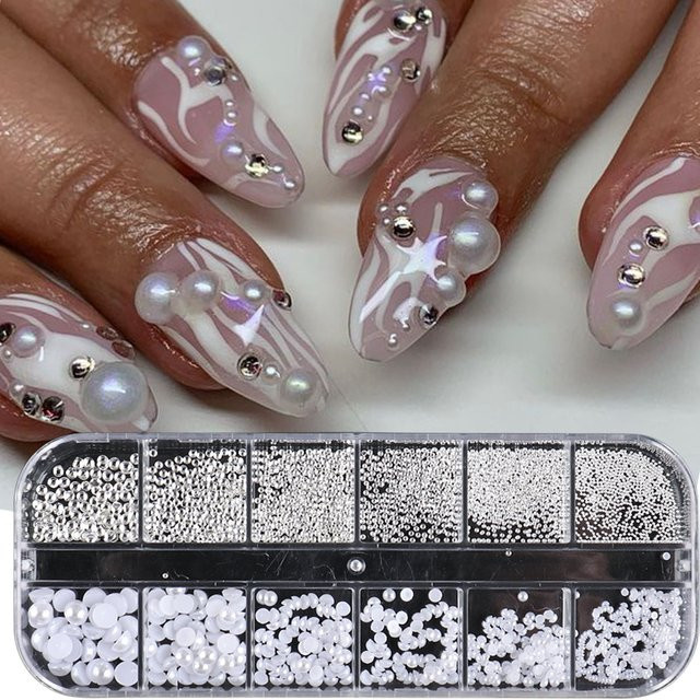 Weiße 3D Perlen Nagel-Strass Mix, Glänzend, Nail Art Dekoration - Bild 1