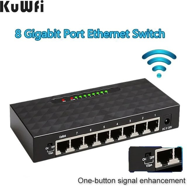 KuWFi Gigabit Netzwerk-Switch mit 8 Ports und 1000 Mbit/s, Smart RJ45 LAN Hub in Schwarz - Bild 1