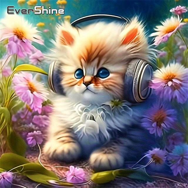 EverShine Kreuzstich DIY Set Katze mit Blumen, bedruckte Leinwand Stickerei Wanddekoration, Multicolour, 30 x 30 cm - Bild 1