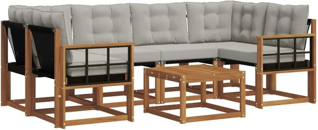 vidaXL Outdoor-Sofagarnitur 7-teilig in L-Form aus Akazienholz mit Textilene und Kissen, Beige und Grau - Bild 1
