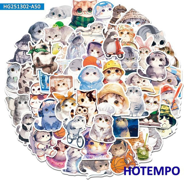 Bunte Katzen Aufkleber im niedlichen Cartoon-Stil von Binchi Outdoor Product für deine kreative DIY-Dekoration, 50 Stück - Bild 1