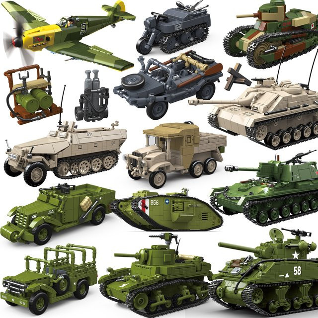 Quan Guan Modellbausatz Militärpanzer Stuart SdKfz251 Panzer VI Sherman US Army WW2 Soldatenfiguren aus Kunststoff, Mehrfarbig - Bild 1