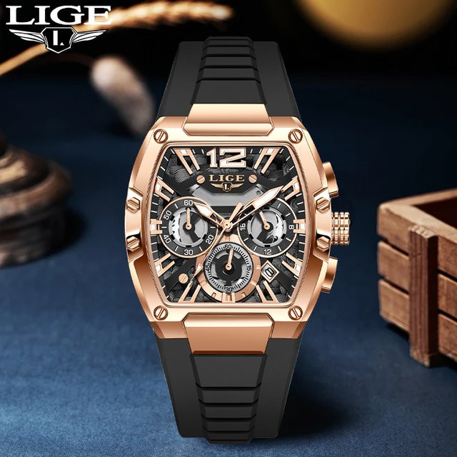 LIGE Armbanduhr Quarz, Silikon, Schwarz, Roségold, Herren - Bild 1