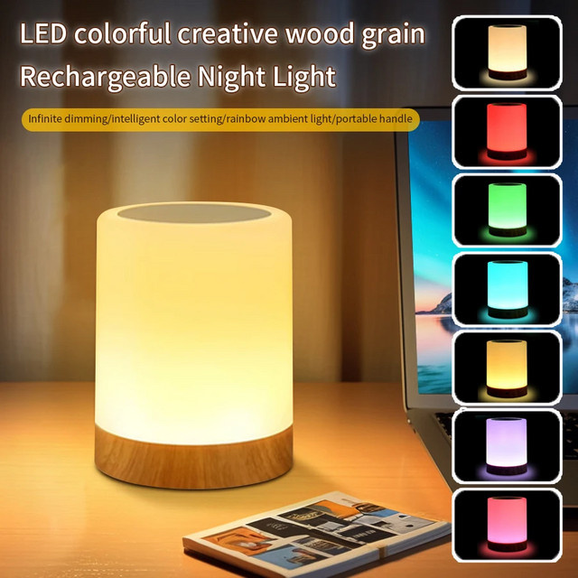 AVACOM LED Touch Tischlampe dimmbar und wiederaufladbar aus Holz für Schlafzimmer und Wohnzimmer - Bild 1