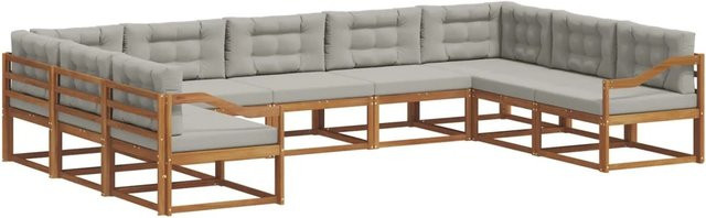 vidaXL Outdoor-Sofagarnitur 9-tlg. in U-Form aus Akazienholz mit Kissen, Grau und Natur - Bild 1