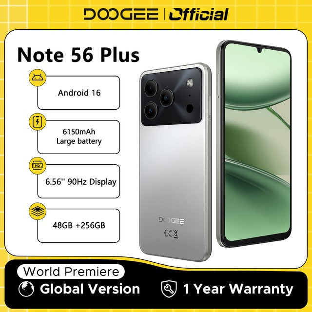 DOOGEE Note56 Plus Smartphone Schwarz mit 256 GB Speicher, 48 GB RAM, 6,56 Zoll 90 Hz Display, 50 MP Kamera, NFC und 6150 mAh Akku, Android 16, Globale Version - Bild 1