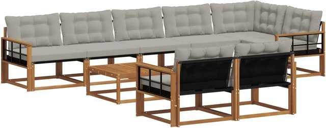 vidaXL Outdoor-Sofagarnitur 9-teilig in U-Form aus massivem Akazienholz mit Textilene und Kissen, Beige und Grau - Bild 1