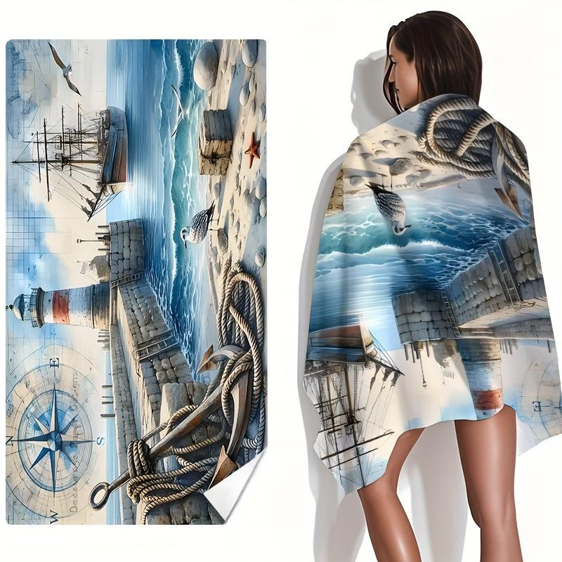 Ka Chen Muxi Sportliches Strandtuch mit Küstenlandschaft Leuchtturm & Möwe Aufdruck, Weiß/Mehrfarbig, B: 30 cm, H: 60 cm - Bild 4
