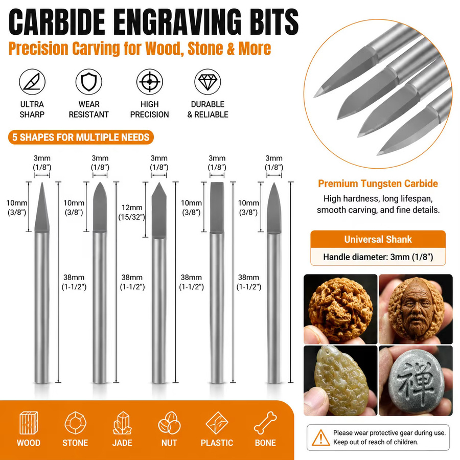 JGZUI 5-teiliges Gravurmesser-Set aus Wolframkarbid in Silber mit 3-mm-Schaft für Holzbearbeitung und Schnitzarbeiten - Bild 2