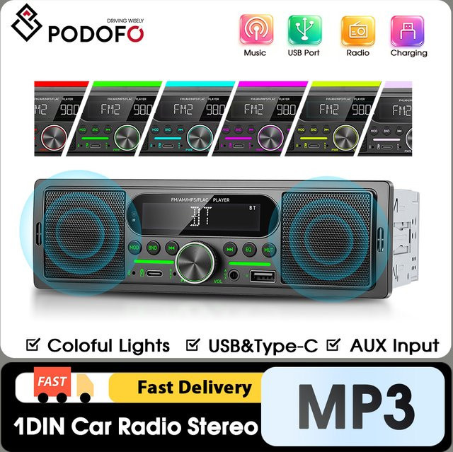 Podofo 1DIN In-Dash Autoradio mit Dual-Bluetooth, USB, SD, AUX und FM/AM Empfänger in Schwarz - Bild 1