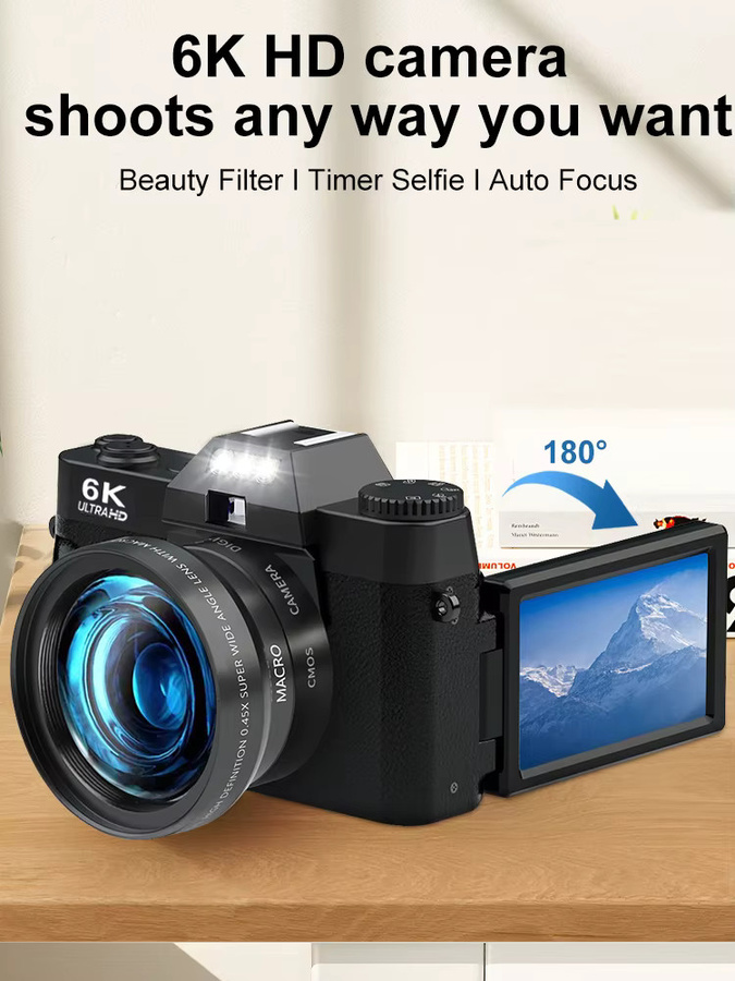 Ourlife 6K Kompakte Digitalkamera mit 64MP, 16X Digitalzoom, 3 Zoll 180° Flip-Screen und WLAN in Schwarz - Bild 7