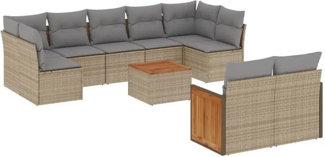 vidaXL 10-tlg. Garten-Sofagarnitur in L-Form aus Polyrattan und Akazienholz mit beigen Kissen in Beige - Bild 1