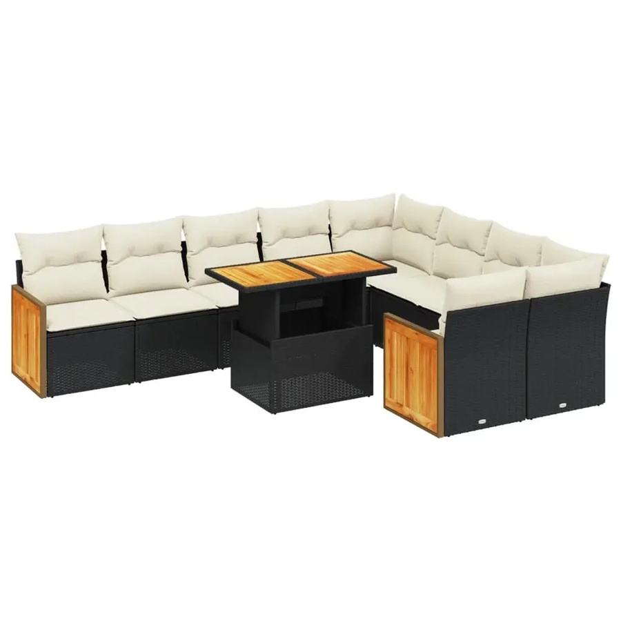 vidaXL 10-tlg. Garten-Sofagarnitur in U-Form aus Poly-Rattan und Akazienholz mit Kissen, Schwarz - Bild 2
