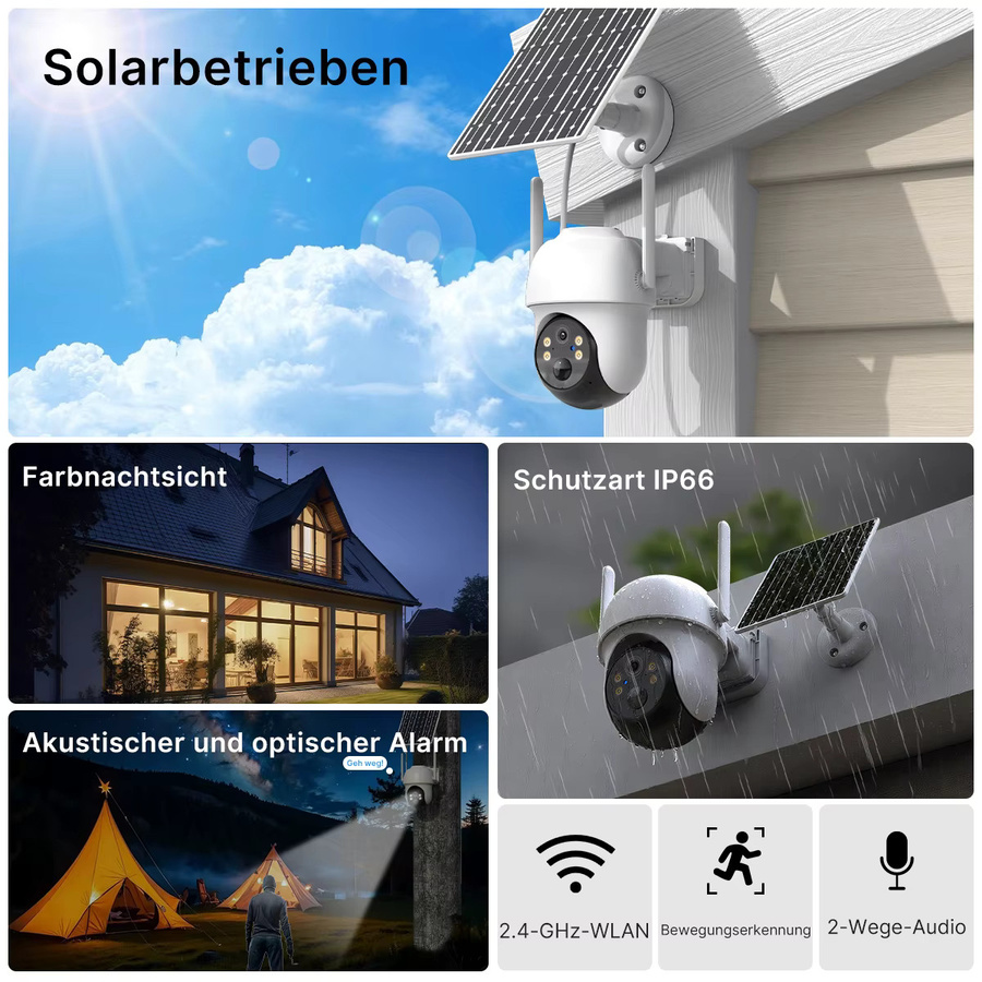 WONSDAR WLAN-Akku-PTZ-Kamera für den Außenbereich, kabellose Solar-IP-HD-Videoüberwachungskamera mit Personenerkennung und Echtzeit-Alarm in Weiß (ICSee) - Bild 2