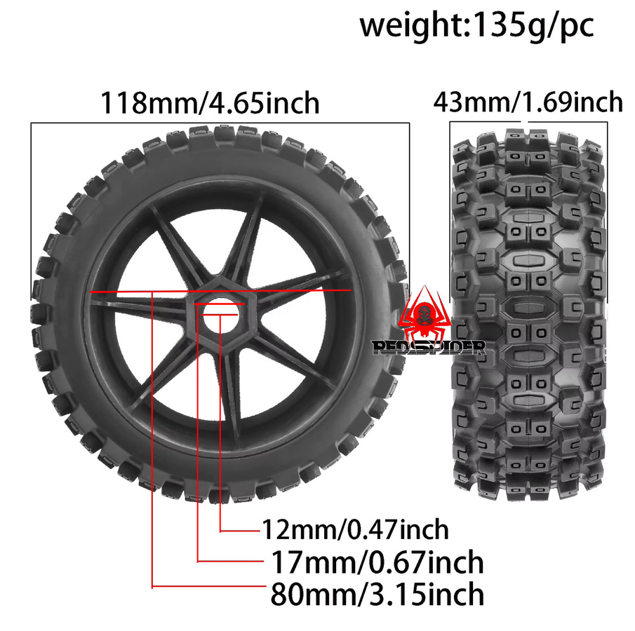RC Off-Road Buggy Räder Reifen, 1/8, 118 mm, 17 mm Sechskant, Schwarz - Bild 2