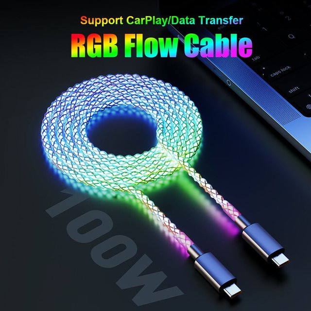RGB USB-C Schnellladekabel mit 100 W Leistung und Atemlicht in Multicolor für iPhone, Samsung, Huawei und Xiaomi - Bild 1