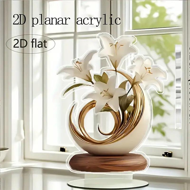 Eterna Home Kristallvase mit weißer Lilie und Goldverzierung in Weiß und Gold als 2D flache Tischdekoration für Wohnzimmer und Büro - Bild 2