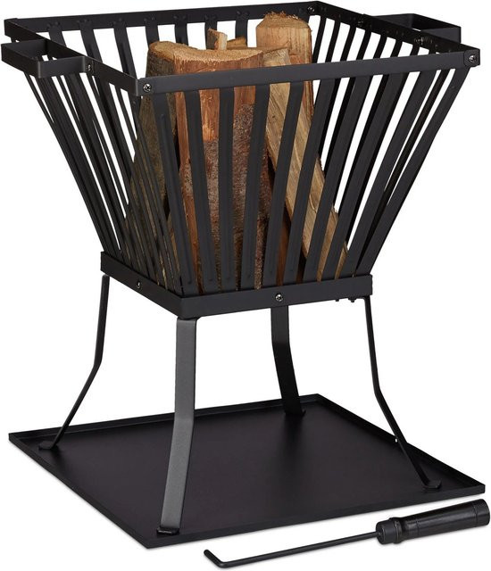 Relaxdays Feuerkorb aus Stahl in Schwarz mit Schürhaken, B/T/H: 56 x 56,5 x 45 cm - Bild 1