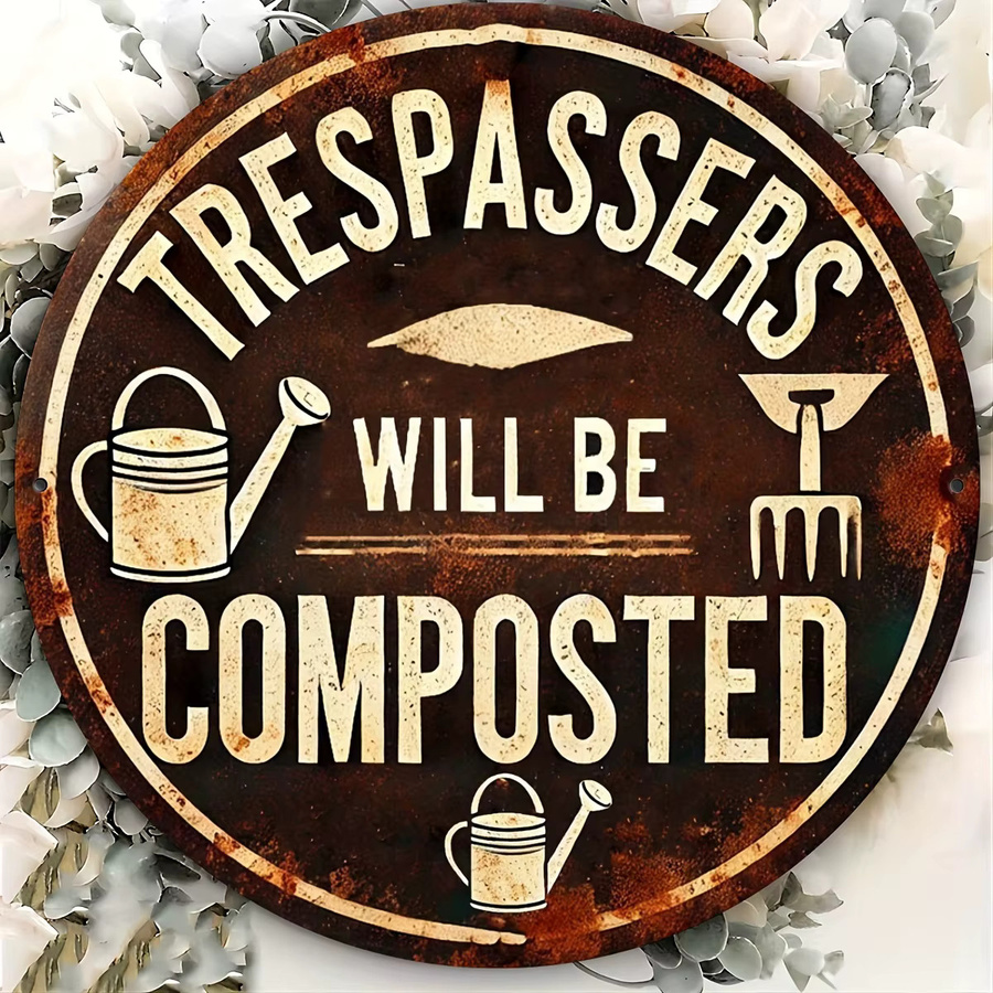Vintage Aluminiumschild Potdemiel Trespassers Will Be Composed in Braun, Durchmesser: 20 cm - Bild 3