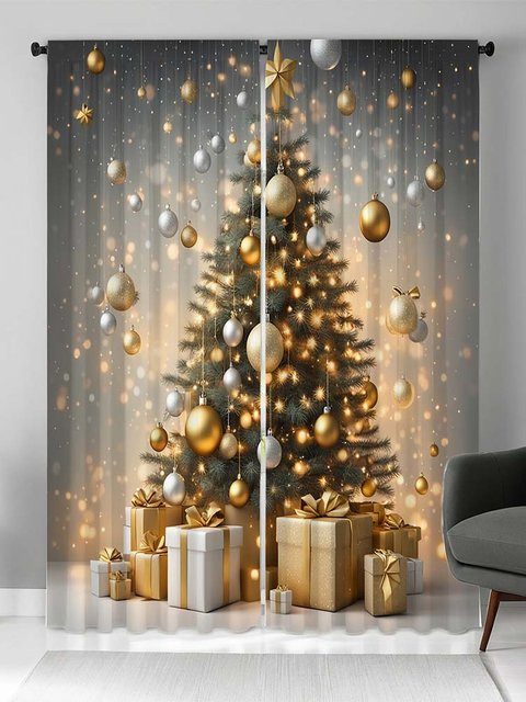 2-teiliges Weihnachts-Vorhangset mit Aquarell-Weihnachtsbaum und Kugeln in Gold, Silber und Beige, B: 132 cm, H: 160 cm - Bild 1