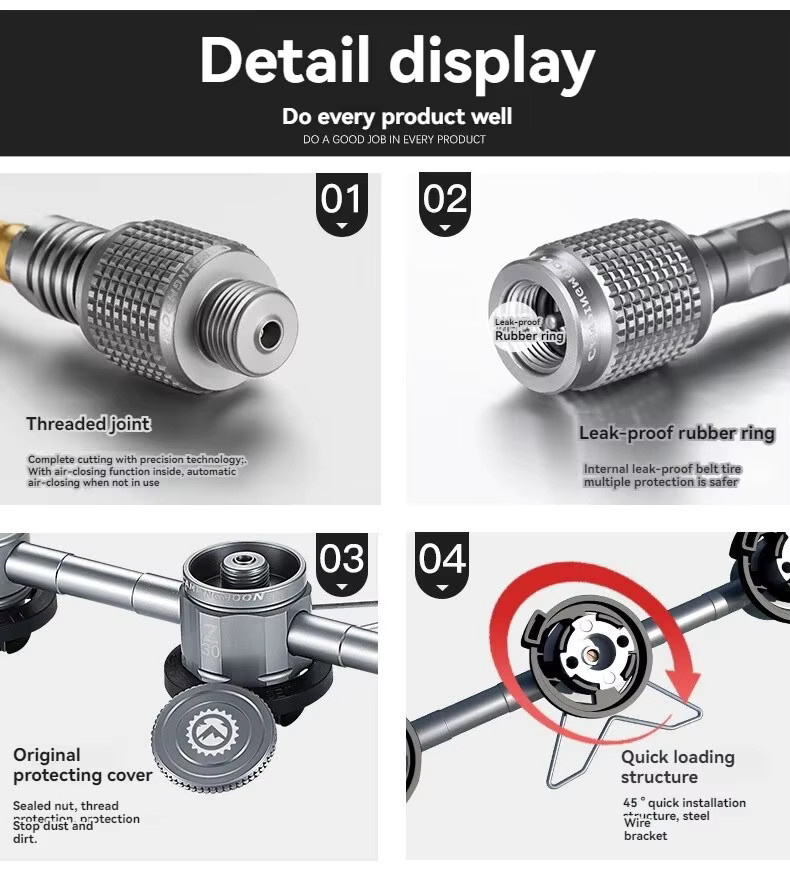 CAMPINGMOON 3-in-1 Butan-Adapter in Silber mit Verlängerungsschlauch, geteiltem Ofen-Adapter und magnetischem Saugkopfanschluss für Camping - Bild 2