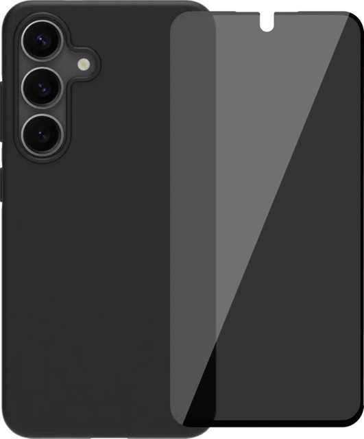 BlueBuilt Schutzset für Samsung Galaxy S25 mit schwarzem Backcover und Panzerglas mit Blickschutzfilter - Bild 1