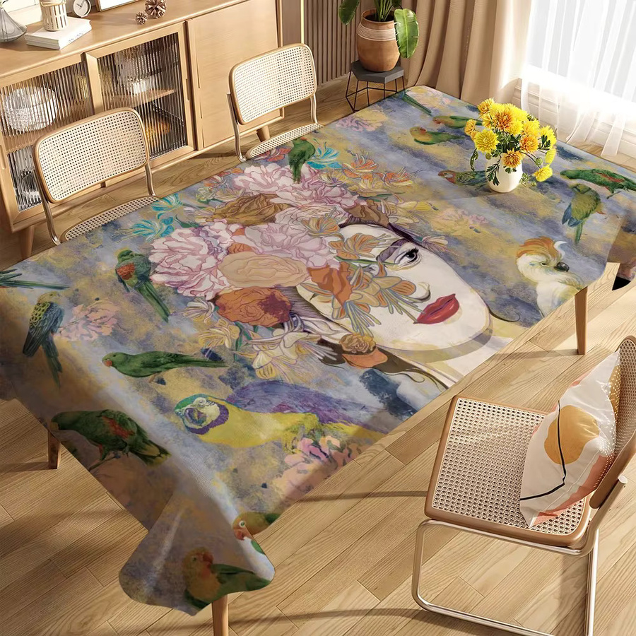 VIKAMA Tischdecke im Frida Kahlo Art Style, rechteckig, floral, mehrfarbig, schmutzabweisend aus Leinen - Bild 1