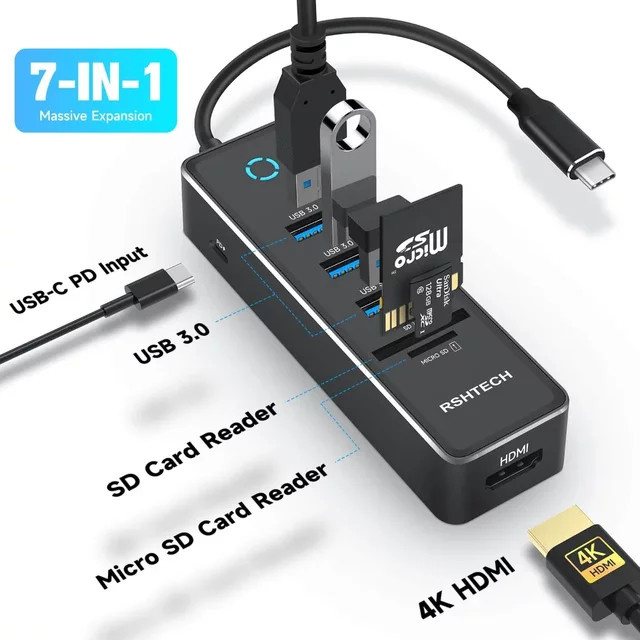 RSHTECH USB-C-Hub-Dongle-Adapter in Silber/Grau mit 4K HDMI, 3x USB 3.0, 100W PD und SD/TF-Kartenleser aus Aluminium für PC und Laptop - Bild 1