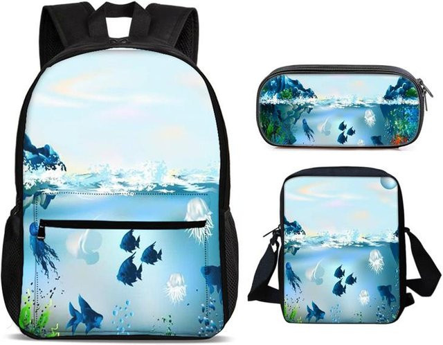 Fancy Style Studio 3er Set Schulaccessoires mit Unterwasserwelt Motiv in Blau bestehend aus Rucksack, Federmäppchen und Umhängetasche für Kinder - Bild 1