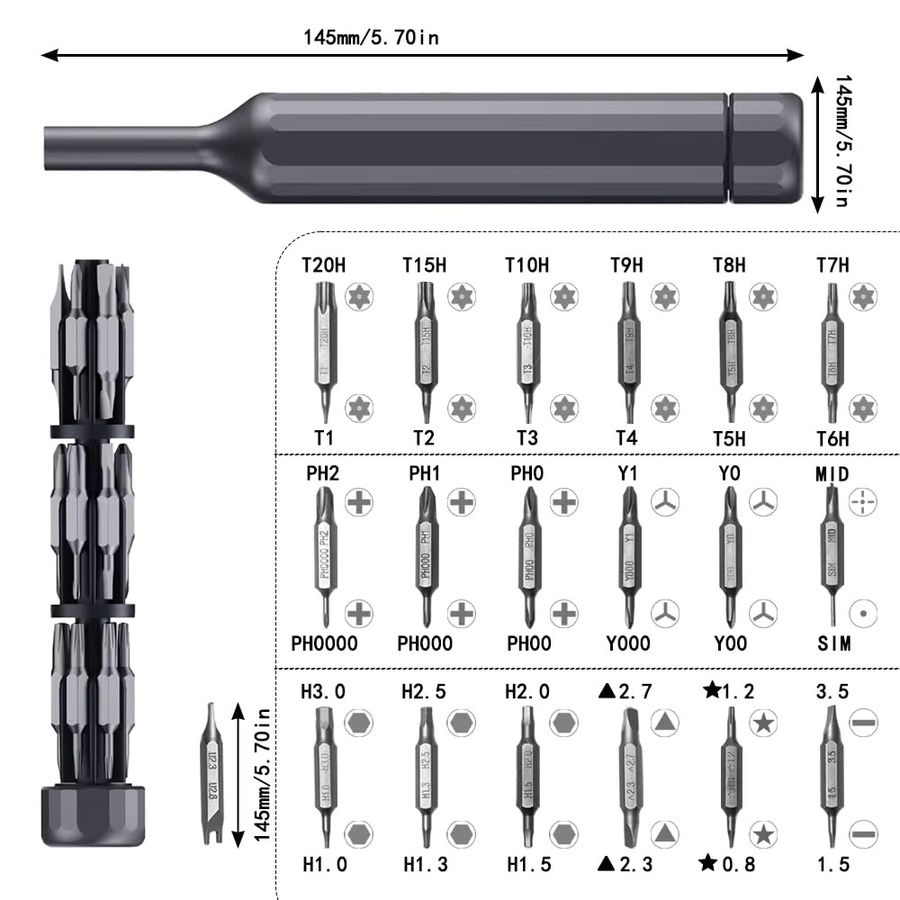 39 in 1 Präzisions-Schraubendreher-Set in Stiftform mit 38 magnetischen S2-Bits aus legiertem Stahl in Schwarz für iPhone, PC und Uhr - Bild 2