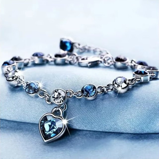 Obega Armband, Silber Farbe, Blaue Kristall Herz Charme, Damen - Bild 1