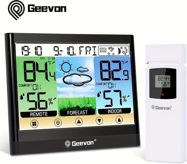 Geevon Wetterstation in Schwarz: Kabelloses Innen- und Außenthermometer mit Hygrometer, Touch-LCD-Display und Wecker sowie verstellbarer Hintergrundbeleuchtung - Bild 1