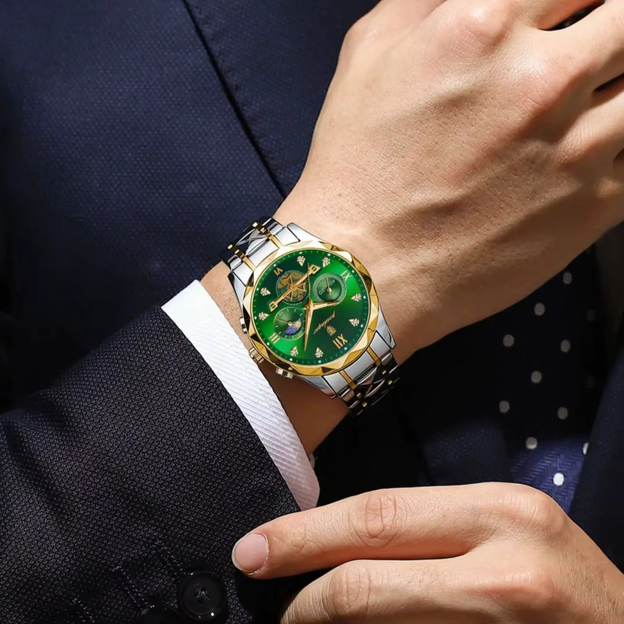 POEDAGAR Armbanduhr Chronograph, Edelstahl, Quarz, Herren, Grün, Silber - Bild 6