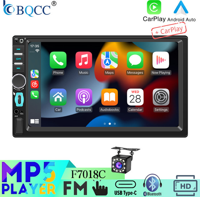 BQCC Universelles 2Din Autoradio mit 7 Zoll Display, Bluetooth, FM RDS, kabelloses CarPlay und Android Auto, Schwarz - Bild 1
