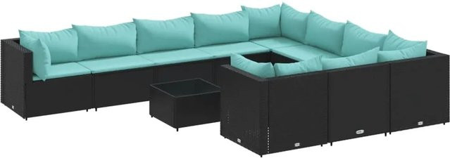 vidaXL 11-teilige Garten-Sofagarnitur in U-Form aus Poly-Rattan und pulverbeschichtetem Stahl mit Kissen in Schwarz-Blau - Bild 1