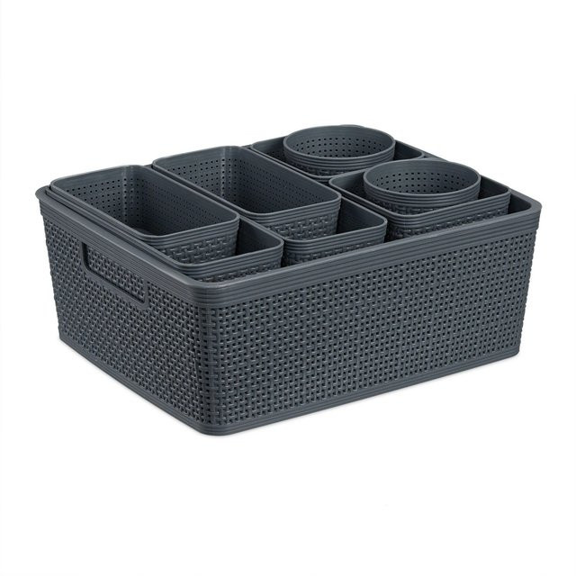 Relaxdays Schubladen Organizer Set aus Kunststoff in Grau mit geflochtenem Design, 10-teilig - Bild 1