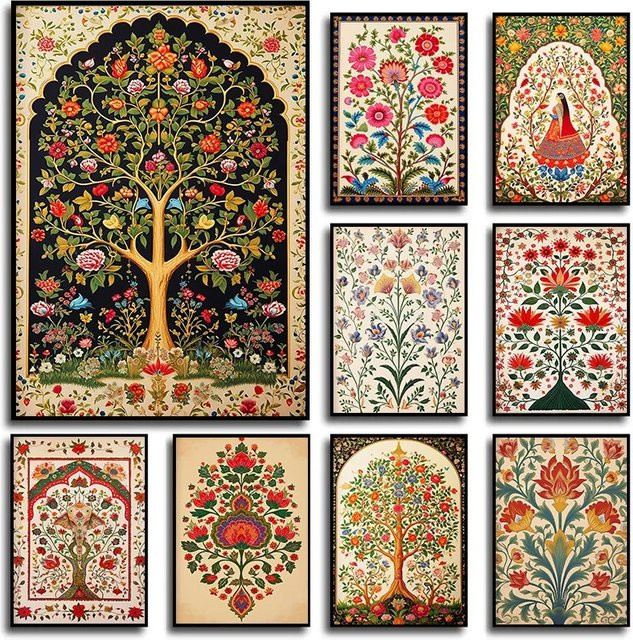 Potdemiel Indischer Vintage-Lotusblüten Baum des Lebens Wandkunstdruck als minimalistisches Leinwandgemälde im Portraitformat - Bild 1
