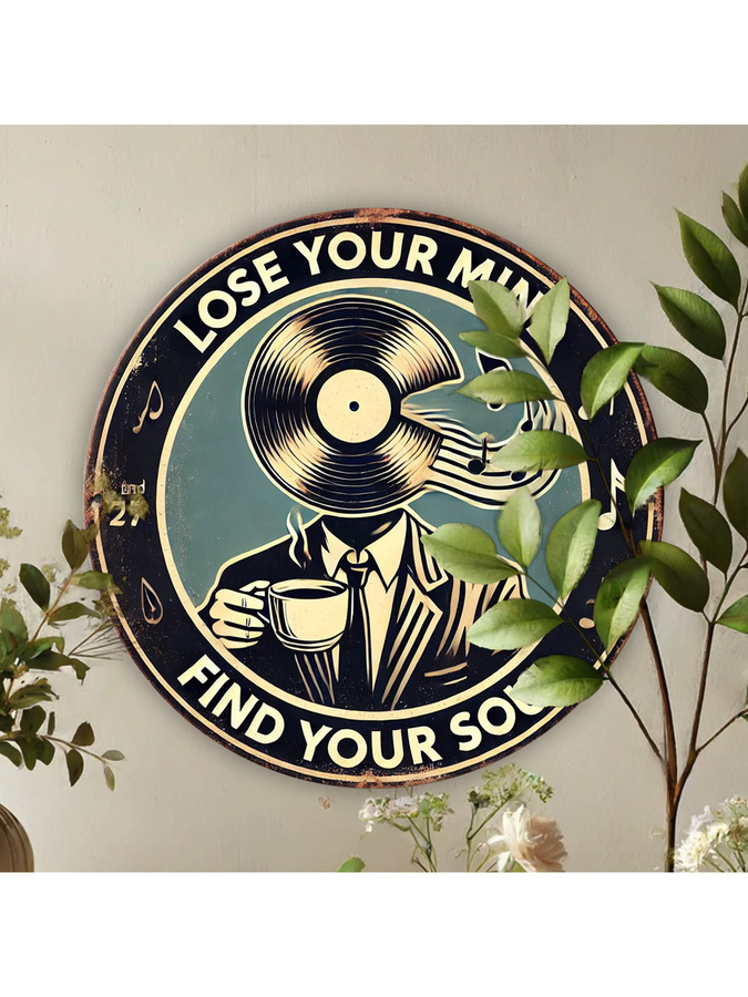 Potdemiel Metallwandschild im Vintage-Stil Lose Your Mind Find Your Soul mit Vinyl-Schallplatte und Kaffee-Motiv, B/H: 20,32 x 20,32 cm, Mehrfarbig - Bild 4
